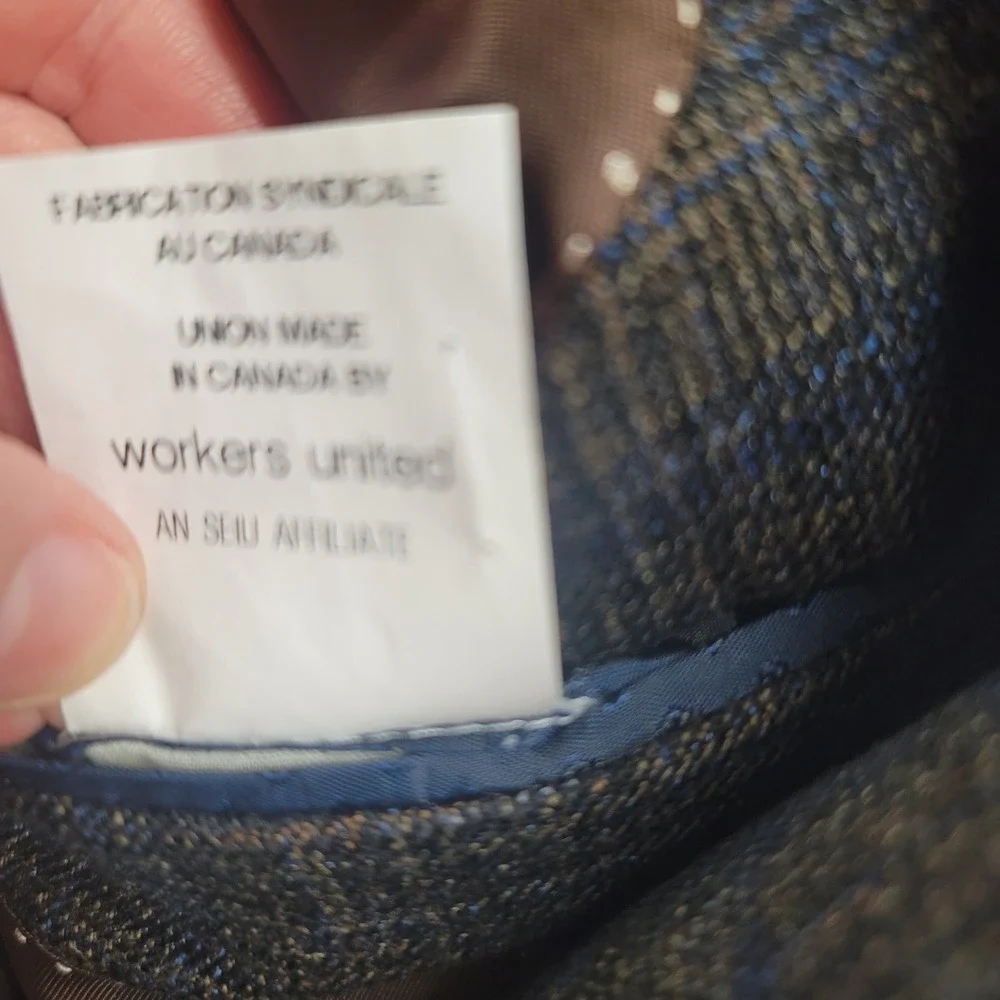 Workers United Mens Navy Blue Herringbone Plaid Blazer Sport Coat Made in Canada